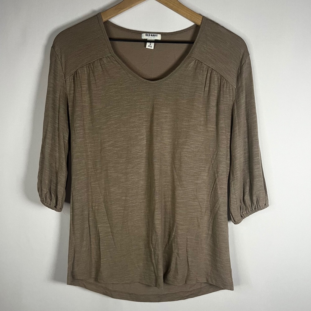 Old Navy Shirt Women XS Beige Tan Scoop Neck‎ 3/4 Sleeve Smocked Blouse Knit Top
